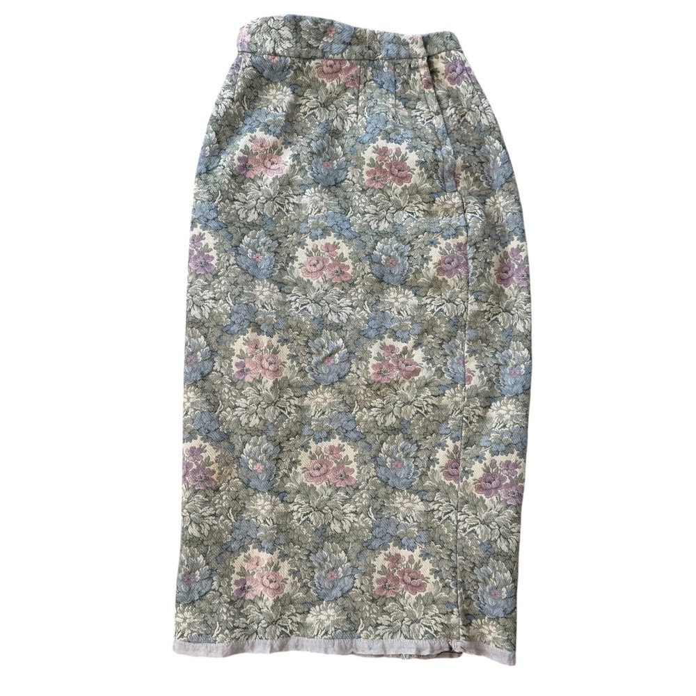 Vintage 60s Handmade Floral Tapestry Jacquard Maxi Skirt Cottagecore XS Green